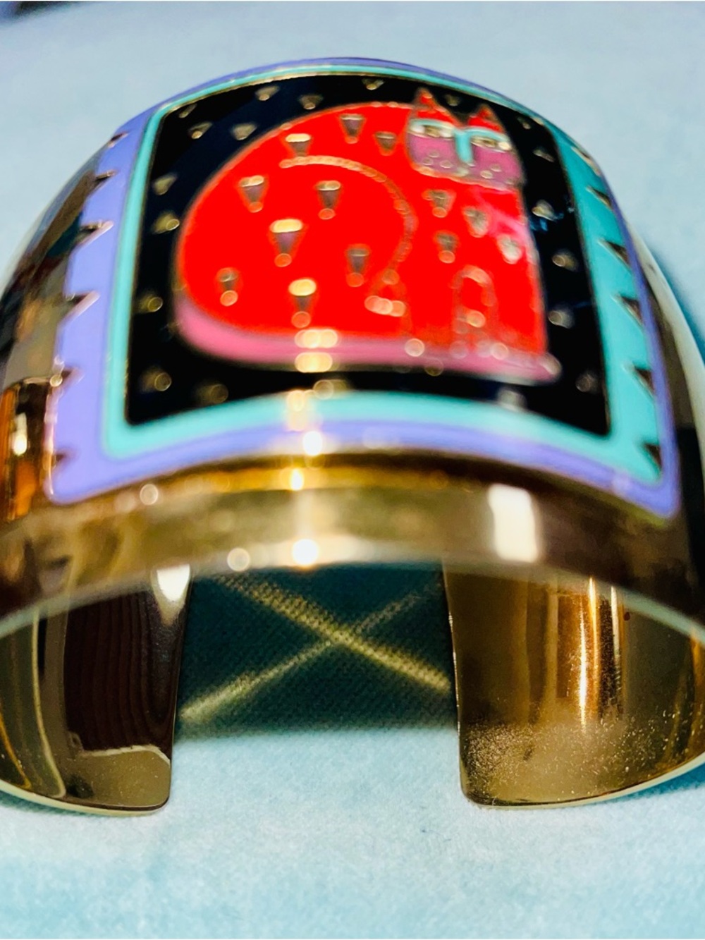 Laurel Burch fantastic feline enameled bracelet cuff Cat Brass Red 1980s Vintage - Picture 3 of 6